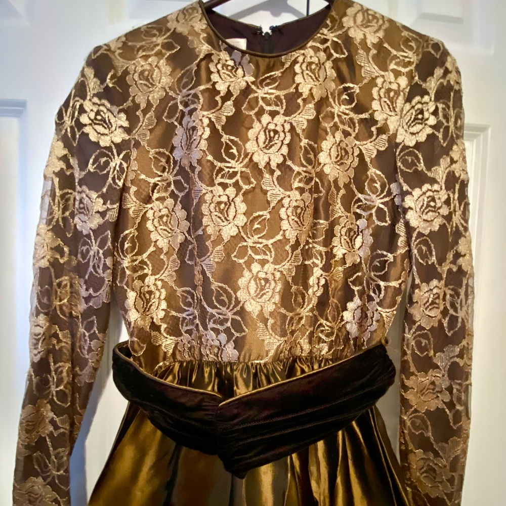 Vintage Talbots KATHRYN CONOVER Gold and Brown Dress with Lace Top